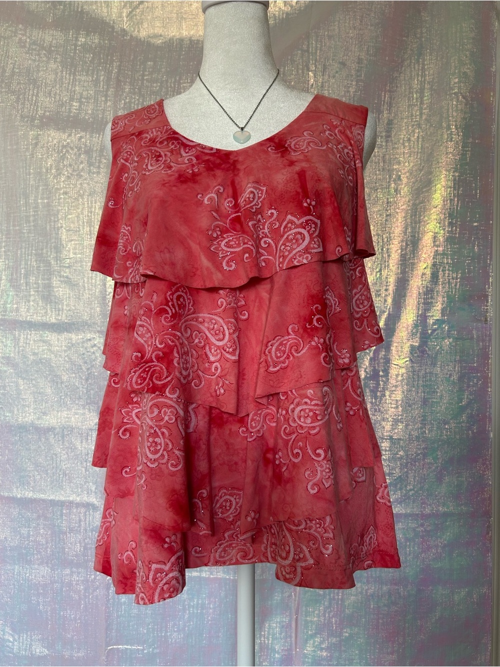 Cato Y2K Inspired Peach/Pink Tiered Paisley Ruffle Sleeveless Blouse. Size L.